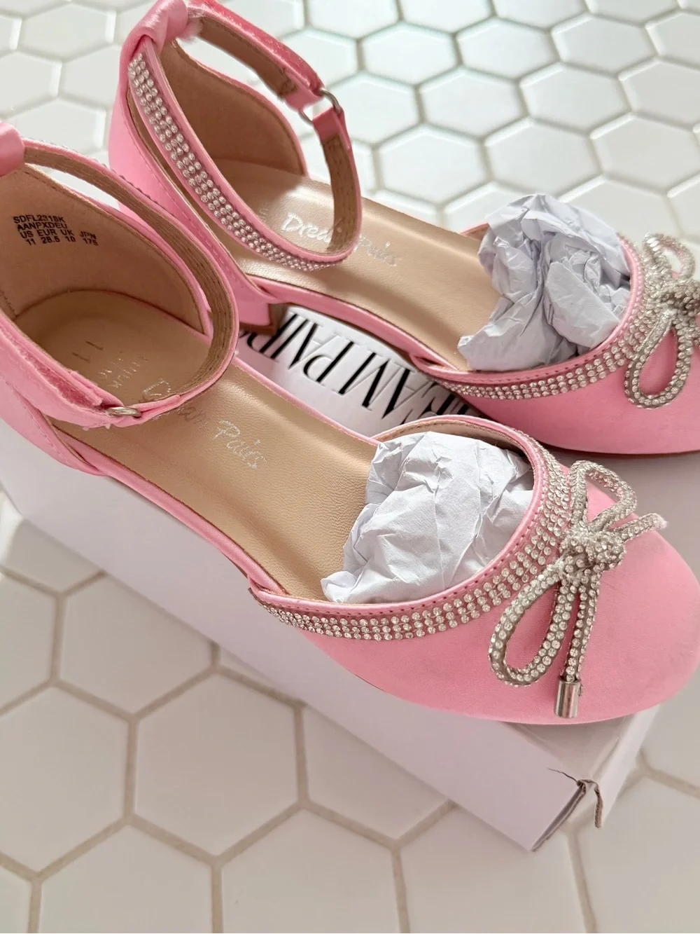 Girls' Pink Ankle-Strap Dreamy Dress Flats with Bow and Rhinestones